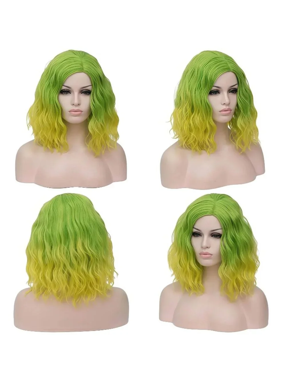 Women's Green Yellow Wavy Curly Bob Heat Resistant Cosplay Halloween Wig